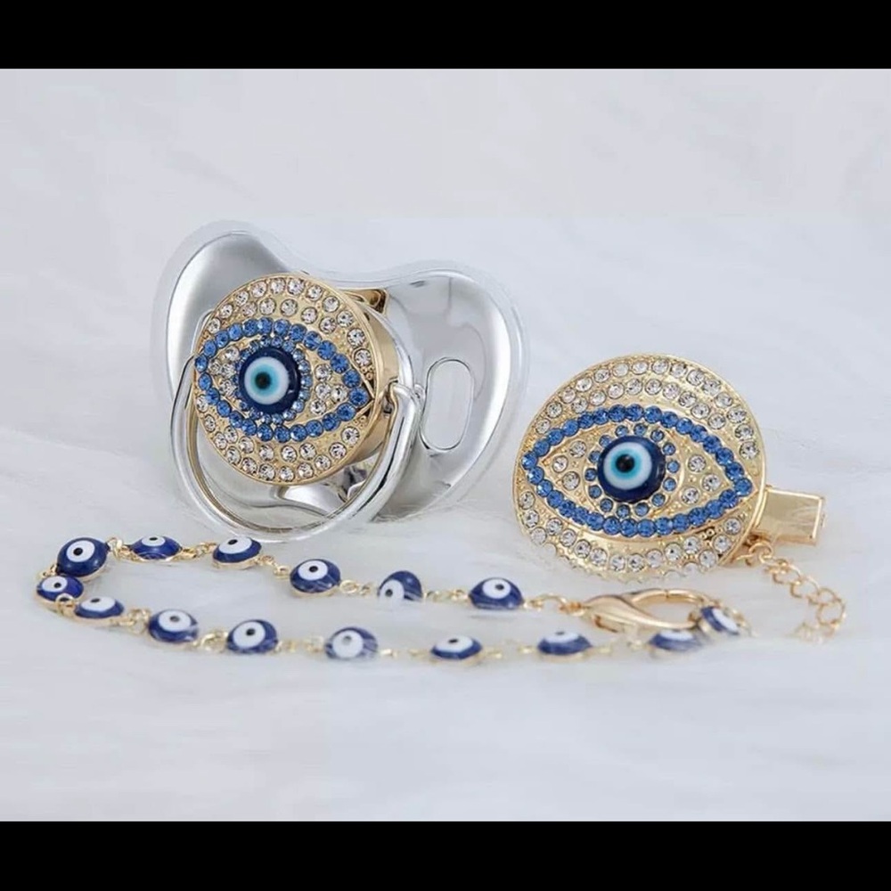 Gold and Blue Evil Eye Pacifier Set
